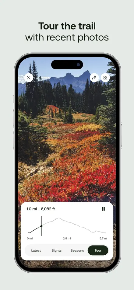 AllTrails short-form post: App Store screenshot of a trail photo with autumn colors and an elevation profile on a pale green background.