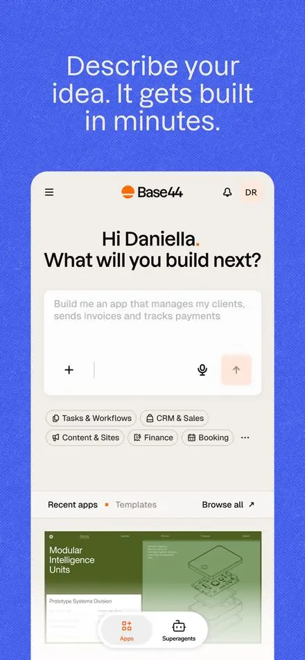 Base44 short-form post: App Store screenshot of a Hi Daniella, what will you build next prompt screen on a blue background.