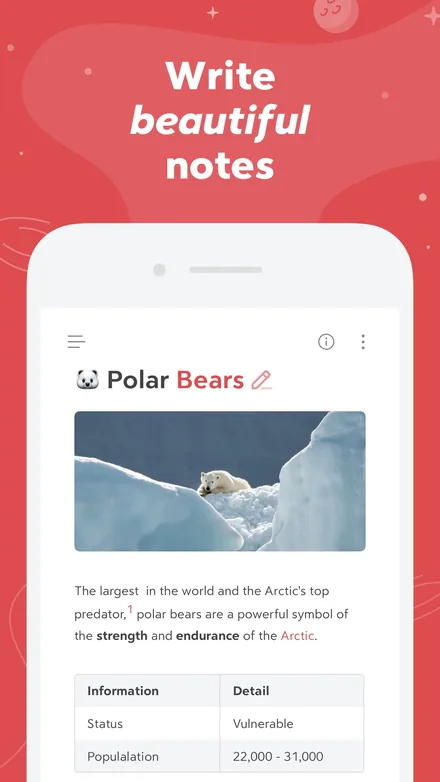 Bear short-form post: App Store screenshot of a note about polar bears with a photo and a table, on a red background.