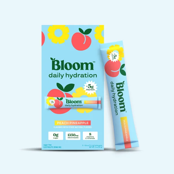 Bloom Nutrition short-form post: a blue Daily Hydration box with peaches and a tall stick pack leaning against it on a pale blue background.