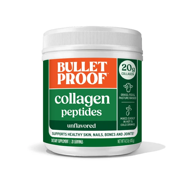 Bulletproof short-form post: a green and white tub of unflavored Collagen Peptides on a white background.
