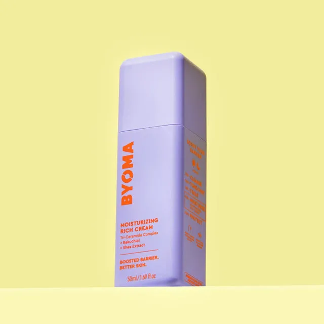 Byoma short-form post: the lilac Moisturising Rich Cream tube standing on a pale yellow background.