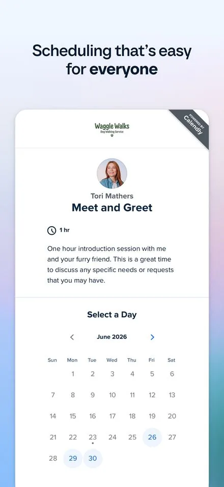 Calendly short-form post: App Store screenshot of a booking page with a calendar for picking a day on a pale blue background.
