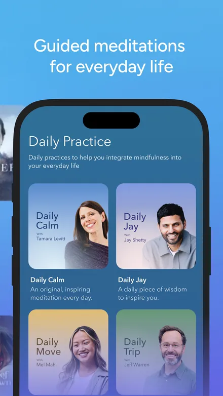 Calm short-form post: App Store screenshot of a Daily Practice screen on a blue background.