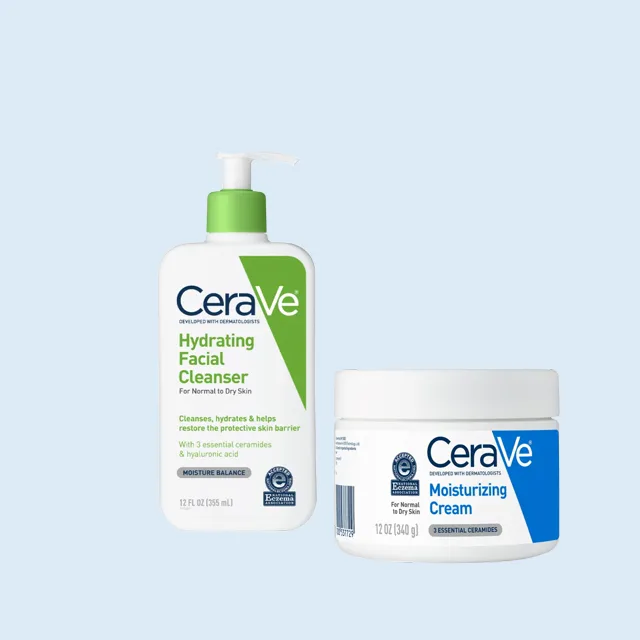 CeraVe short-form post: the Hydrating Facial Cleanser pump bottle next to the Moisturizing Cream tub on a pale blue background.