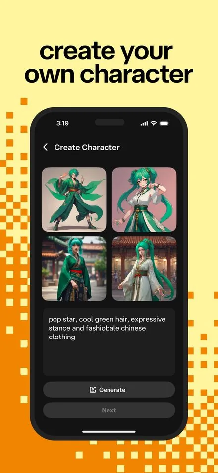 Character.AI short-form post: App Store screenshot of a Create Character screen with two green-haired avatars on a yellow background.