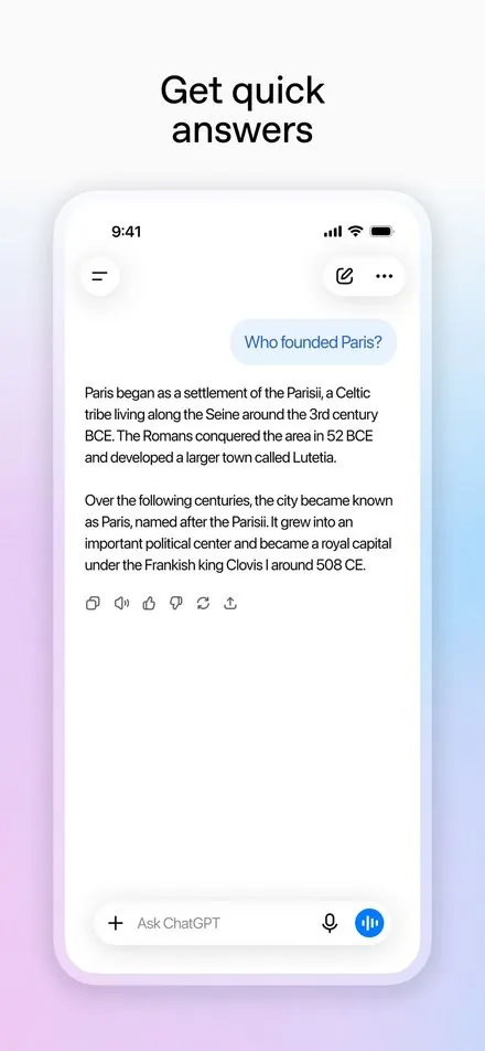 ChatGPT short-form post: App Store screenshot of a question about Paris and a short written answer on a pastel gradient.