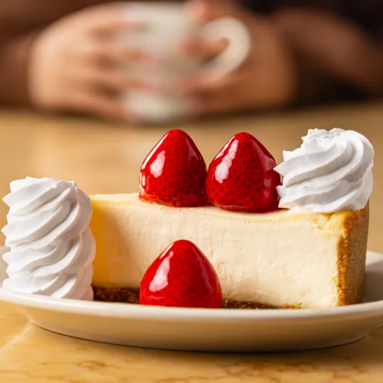 The Cheesecake Factory short-form post: a slice of cheesecake topped with whipped cream and fresh strawberries on a plate.