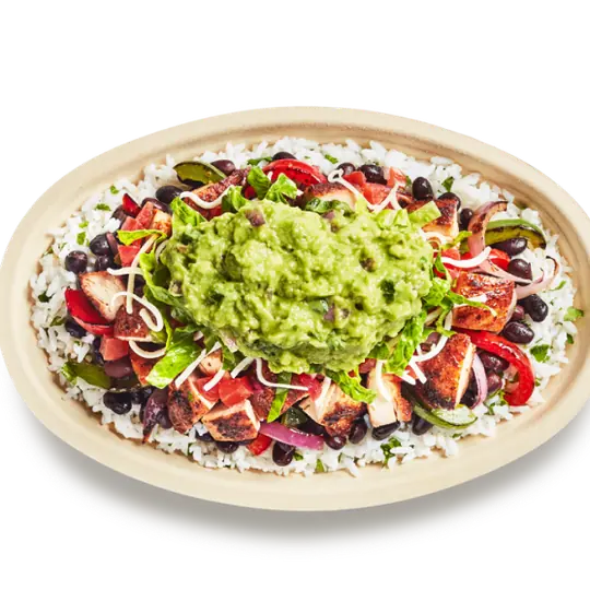 Chipotle short-form post: a burrito bowl with chicken, rice, beans and guacamole in a round bowl.