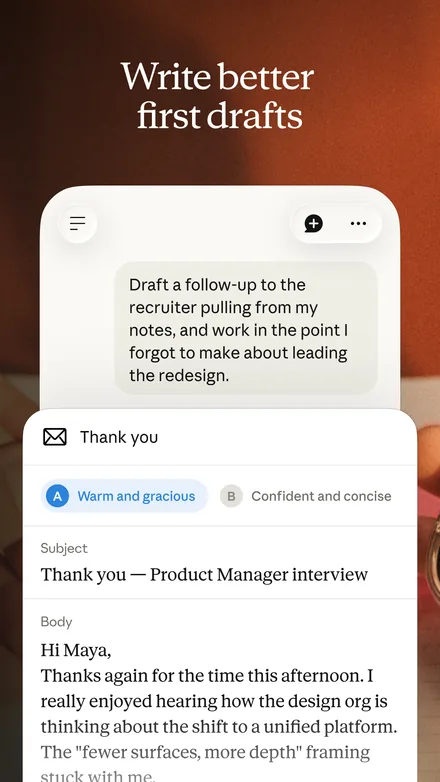 Claude short-form post: App Store screenshot of a follow-up email draft in a chat on a dark brown background.