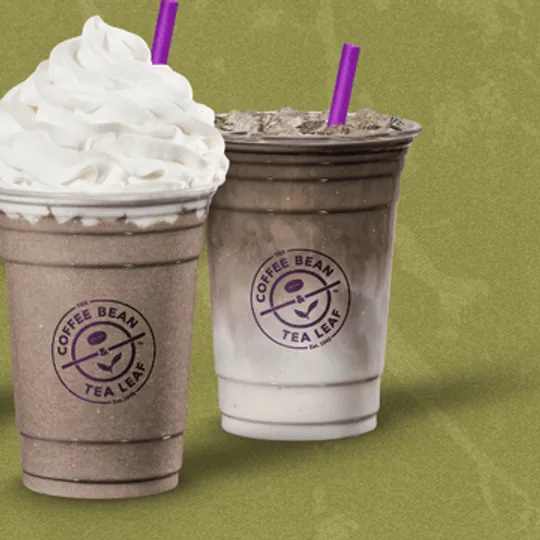 The Coffee Bean & Tea Leaf short-form post: three iced drinks in clear cups with whipped cream on a green background.