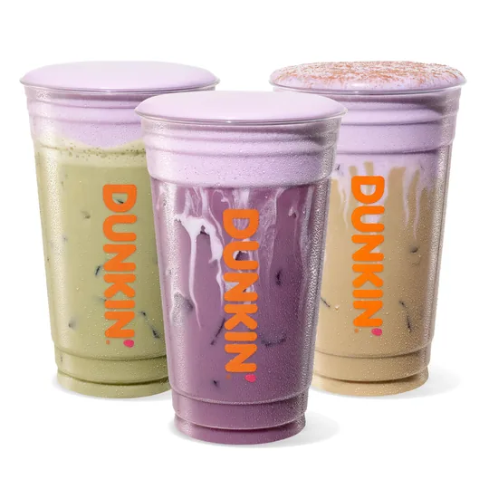 Dunkin' short-form post: three iced drinks in green, purple and tan on a white background.