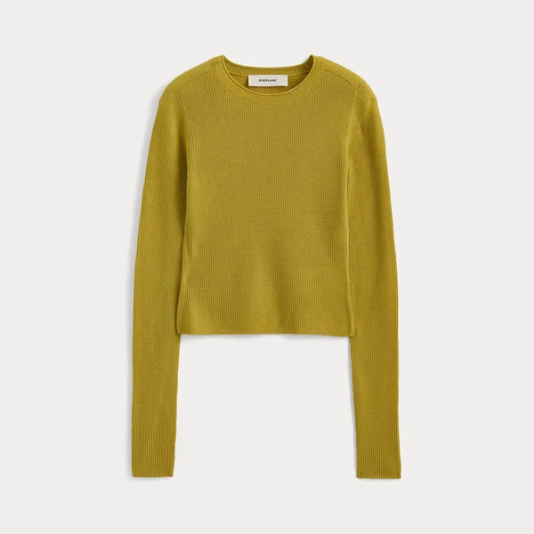 Everlane short-form post: a warm olive merino cropped crew top laid flat on a pale warm grey background.