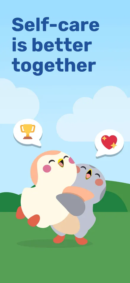 Finch short-form post: App Store screenshot of two cartoon birds hugging on a green hill under a blue sky.