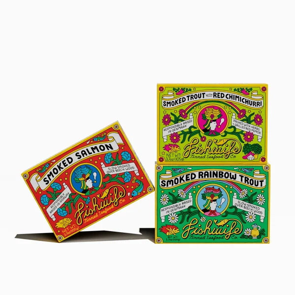 Fishwife short-form post: three colorful illustrated tins of smoked salmon and smoked rainbow trout on a white background.