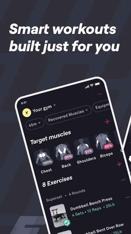 Fitbod short-form post: App Store screenshot of a tilted phone showing target muscles and an exercise list on charcoal.