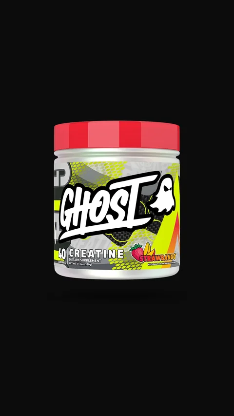 Ghost short-form post: a black, white and neon-yellow Creatine tub with a red lid, on a black background.