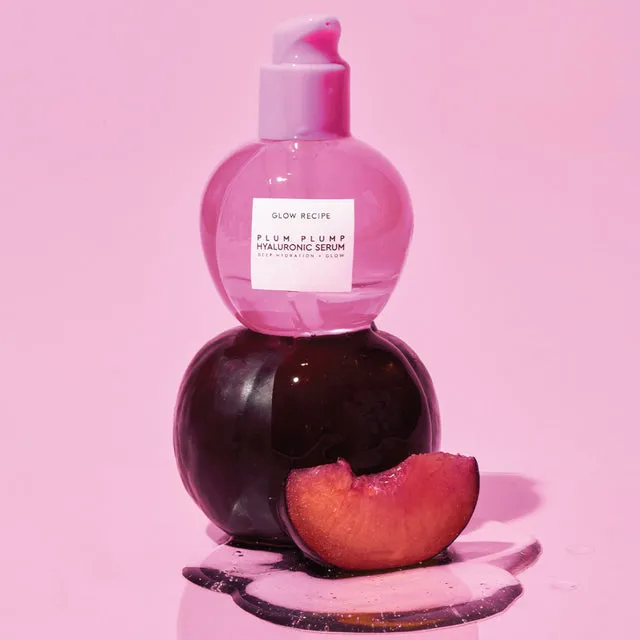 Glow Recipe short-form post: a pink Plum Plump serum bottle stacked on a halved plum on a pink background.