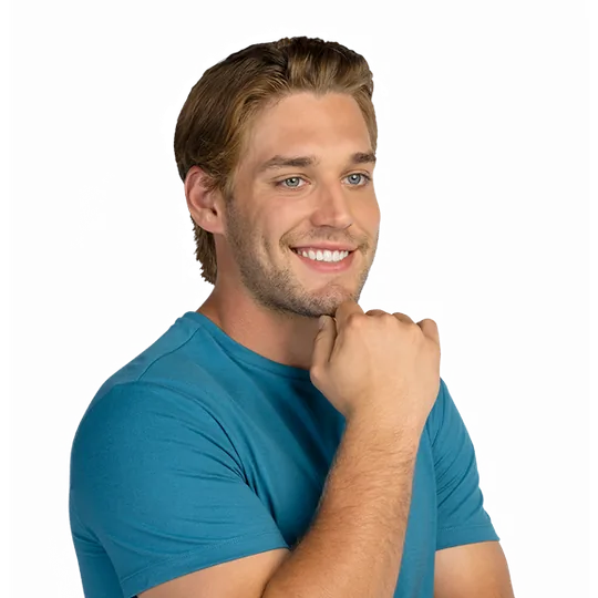 Great Clips short-form post: a smiling man in a blue t-shirt resting his chin on his hand, cut out on a green background.