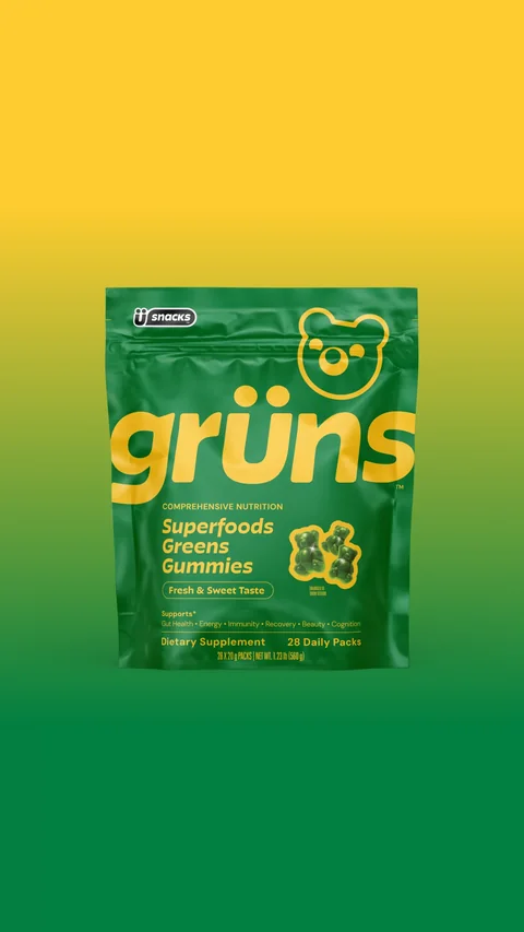 Grüns short-form post: a green bag of Superfoods Greens Gummies with a bear on it against a yellow to green gradient.