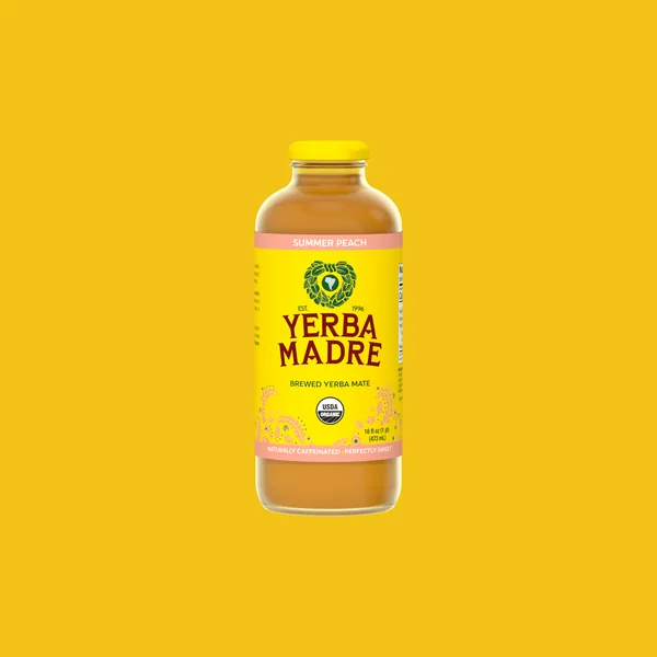 Yerba Madre short-form post: a bottle of brewed yerba mate in Summer Peach with a yellow cap and label on a yellow background.