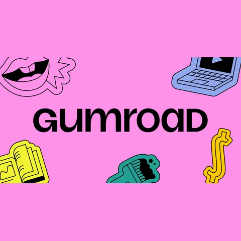 Gumroad short-form post: the Gumroad wordmark on a pink background with sticker-style illustrations.