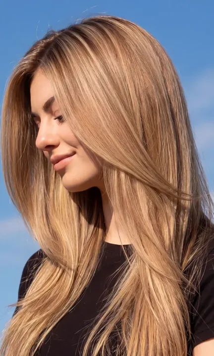 Hair Cuttery short-form post: a smiling woman with long golden waves blowing in the wind against a blue sky.