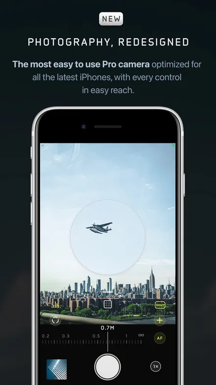 Halide short-form post: App Store screenshot of a camera viewfinder framing a city skyline on a black phone screen.
