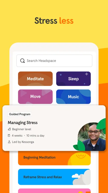 Headspace short-form post: App Store screenshot of a program picker on an orange background.