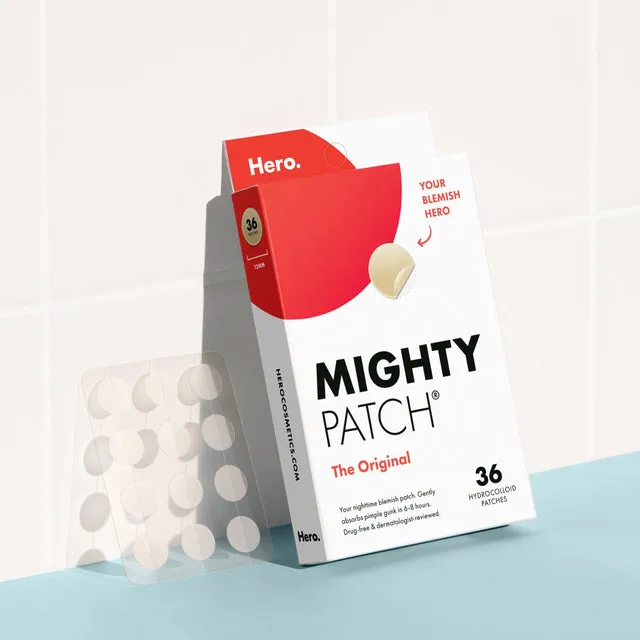 Hero Cosmetics short-form post: a Mighty Patch Original box beside a few loose patches on a pale teal surface.