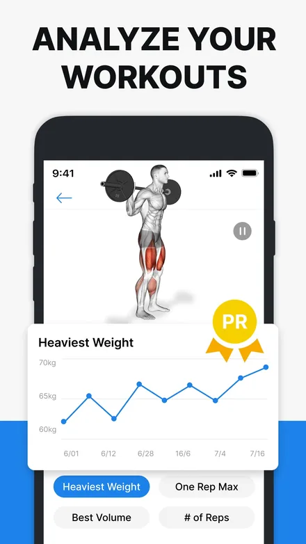 Hevy short-form post: App Store screenshot of a barbell squat illustration above a weight-progress line chart.