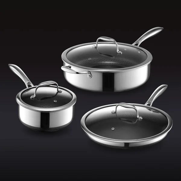 HexClad short-form post: a steel skillet, a sauté pan and a pot with glass lids on a dark gradient background.