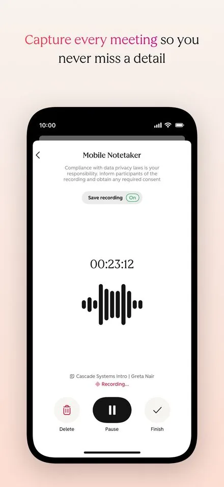 HubSpot short-form post: App Store screenshot of a mobile notetaker recording a meeting with a waveform on a peach background.