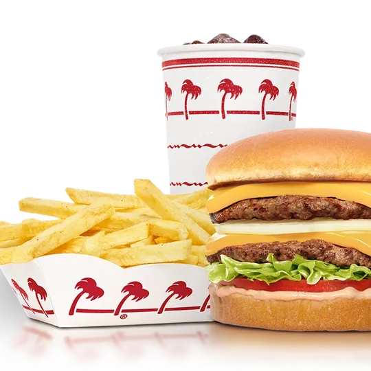 In-N-Out Burger short-form post: a cheeseburger with a tray of fries and a cup on a plain white background.