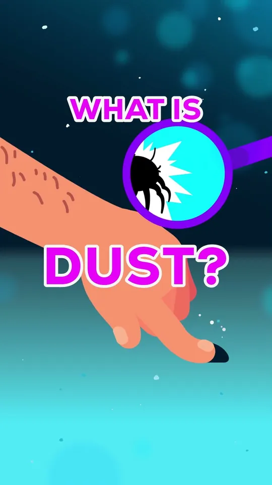 Kurzgesagt short-form post: an animated hand and a bug inside a magnifying circle under the words “What is dust?” on a cyan background.