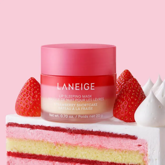 Laneige short-form post: a jar of Lip Sleeping Mask resting on a slice of strawberry cake.
