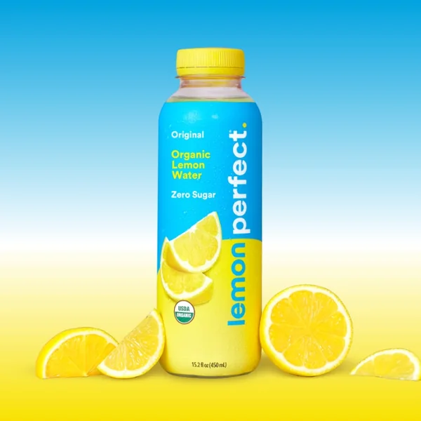 Lemon Perfect short-form post: a bottle of Original lemon water with sliced lemons around it, shaded from blue to yellow.