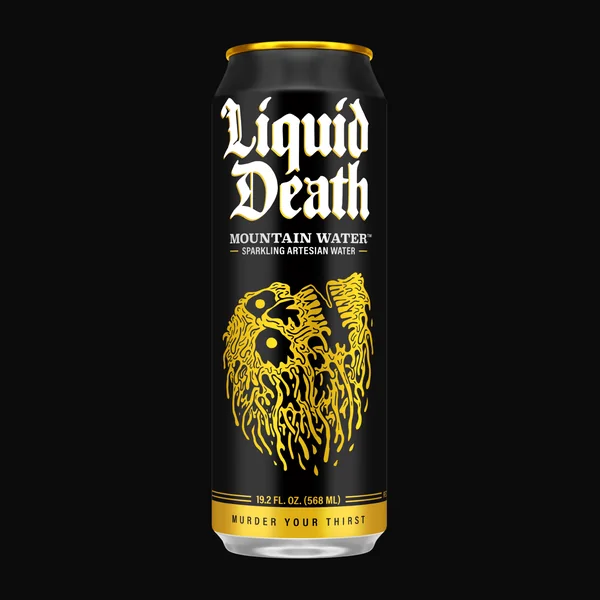 Liquid Death short-form post: a tall black and gold Mountain Water sparkling can with a skeletal illustration, on a black background.