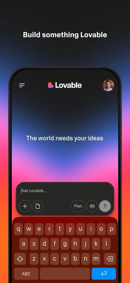Lovable short-form post: App Store screenshot of a prompt box and keyboard on a dark phone with a pink-to-orange glow.