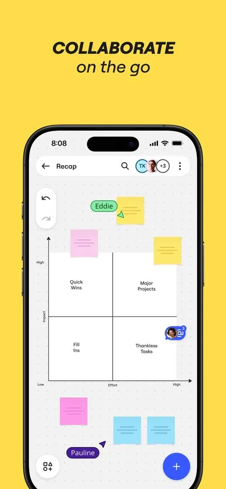 Miro short-form post: App Store screenshot of a whiteboard with sticky notes on a phone against a yellow background.