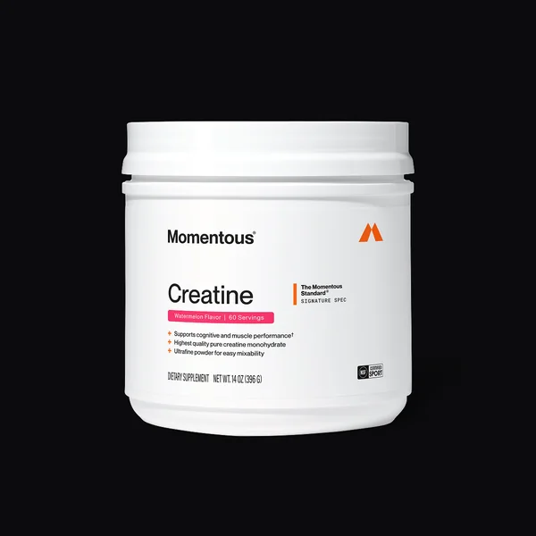 Momentous short-form post: a white Creatine tub with a white lid on a black background.