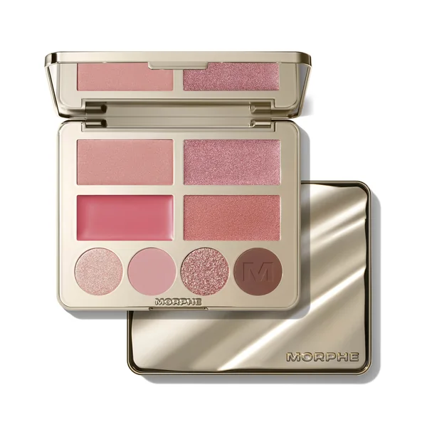 Morphe short-form post: an open face and eye palette with rose cheek shades above four eyeshadow pans, beside its mirrored lid.