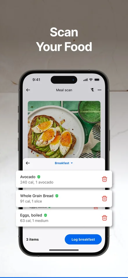 MyFitnessPal short-form post: App Store screenshot of a meal scan showing eggs on toast, with the foods listed below it.