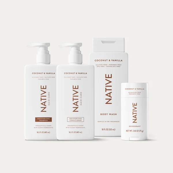 Native short-form post: two pump bottles and a deodorant stick in the Coconut and Vanilla scent on a pale background.