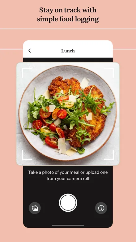Noom short-form post: App Store screenshot of a phone camera framing a plate of food on a peach background.