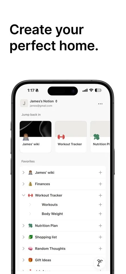 Notion short-form post: App Store screenshot of a personal home page with a sidebar of favorite pages on a white phone screen.