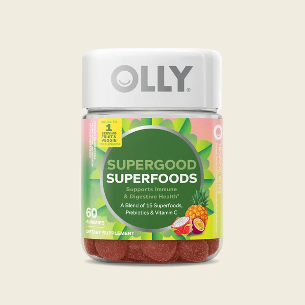 OLLY short-form post: a jar of Supergood Superfoods gummies with a white lid on a warm cream background.