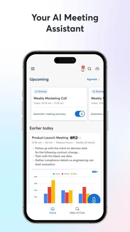 Otter.ai short-form post: App Store screenshot of an upcoming meetings list with a bar chart on a pale blue background.