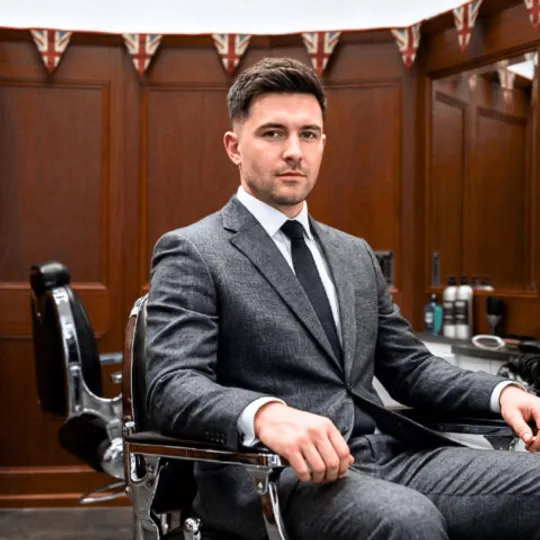 Pall Mall Barbers short-form post: a man in a grey suit and tie seated in a barber chair in a wood-paneled barbershop.