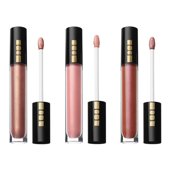 Pat McGrath Labs short-form post: three black and gold LUST: Gloss tubes standing beside their wands in soft nude shades.